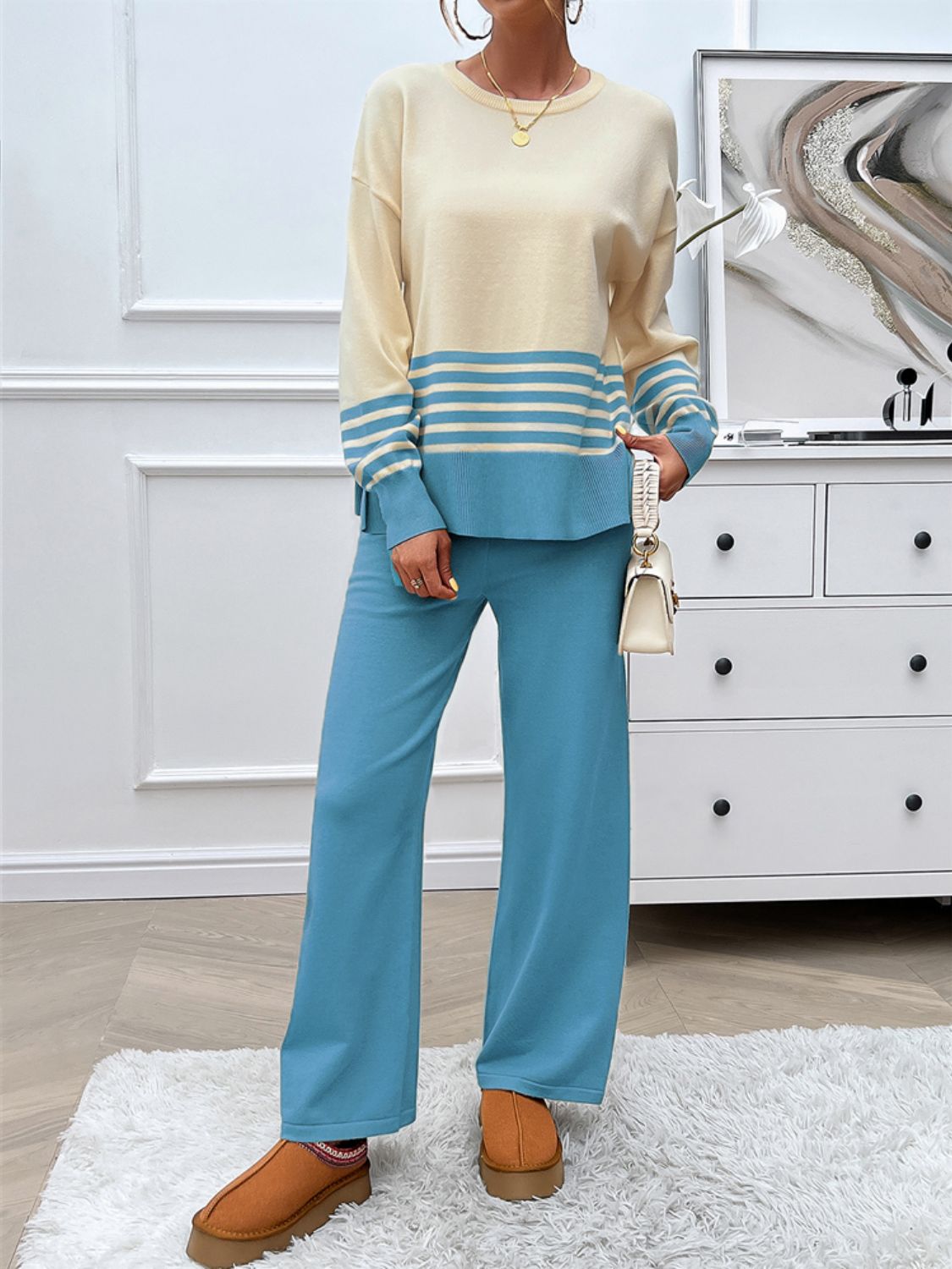 Devine Slit Striped Round Neck Top and Pants Sweater Set - Siennasass