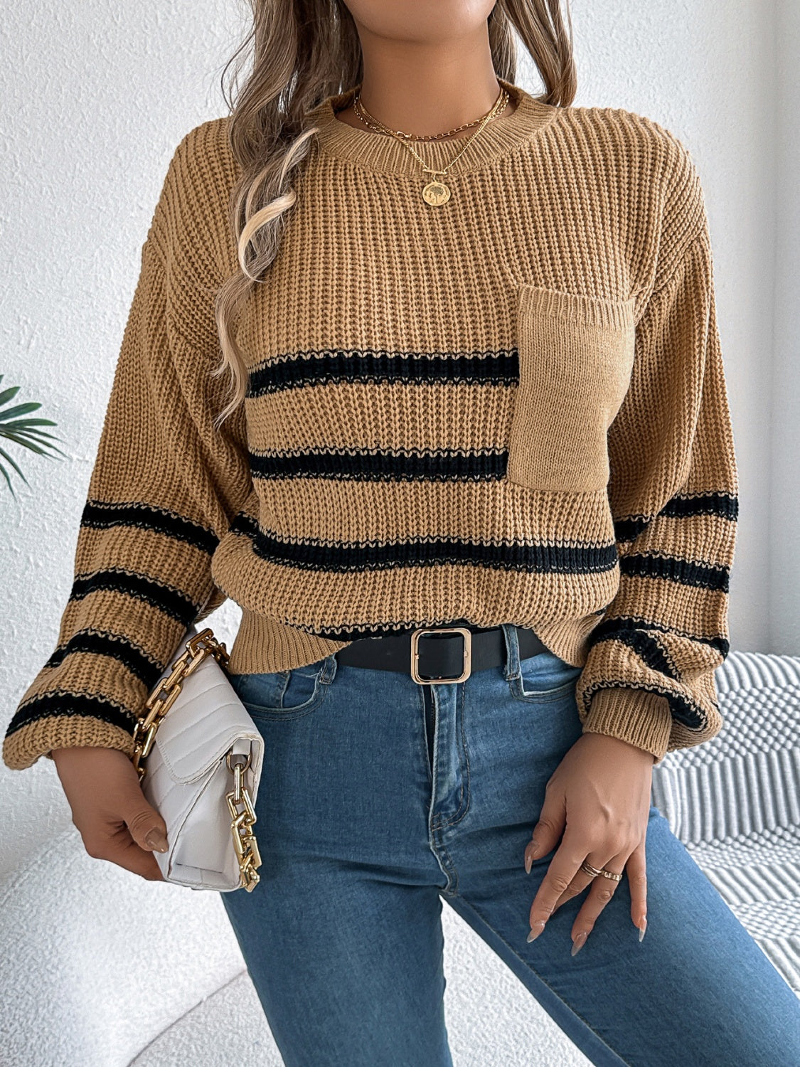 Striped Round Neck Long Sleeve Sweater - Siennasass