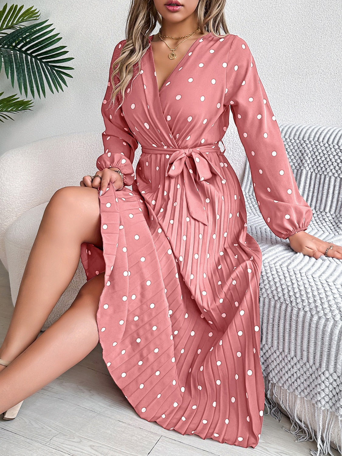 Tied Polka Dot Long Sleeve Midi Dress - Siennasass