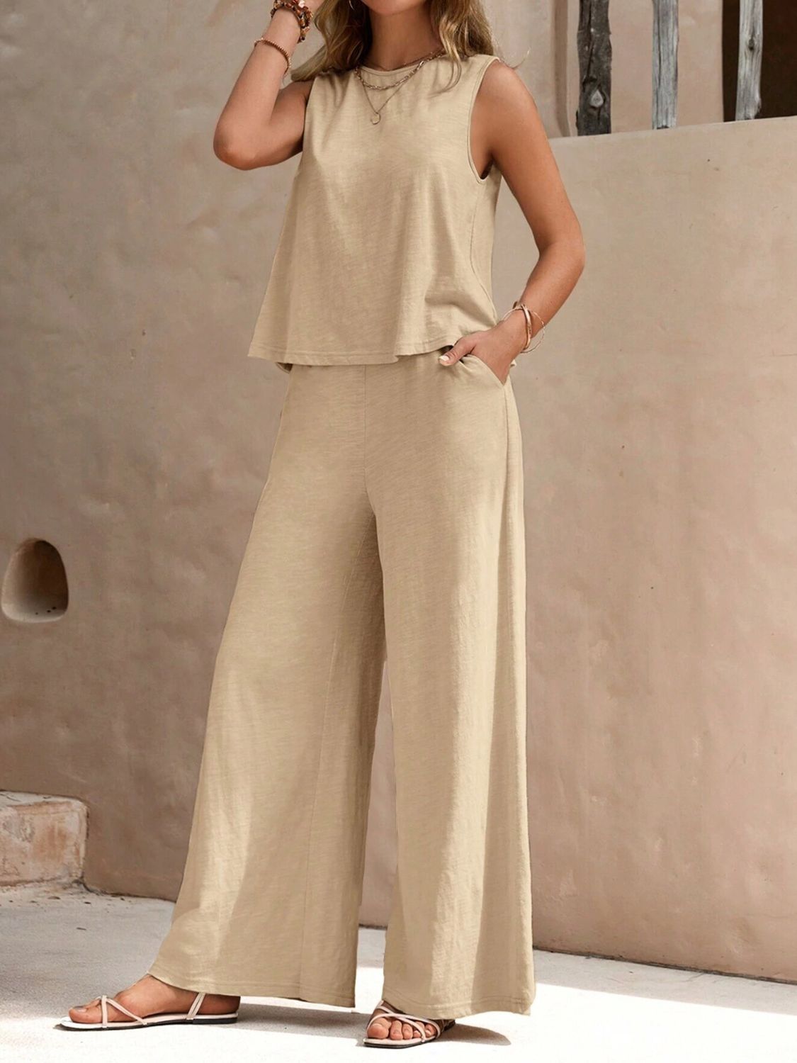 Round Neck Sleeveless Top and Wide Leg Pants Set - Siennasass