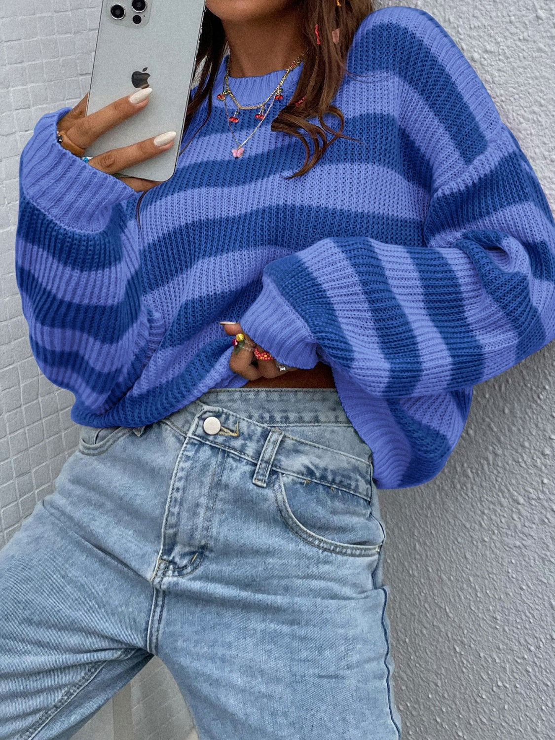 Honey Striped Round Neck Long Sleeve Sweater