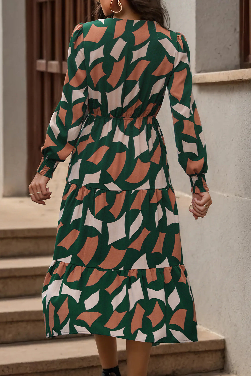 Perfee Printed Tied Pocketed Lantern Sleeve Dress