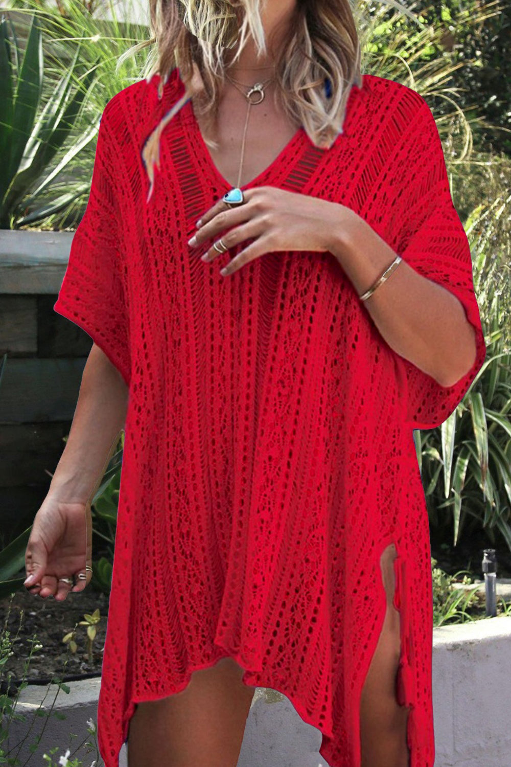 Cutout V-Neck Cover-Up with Tassel