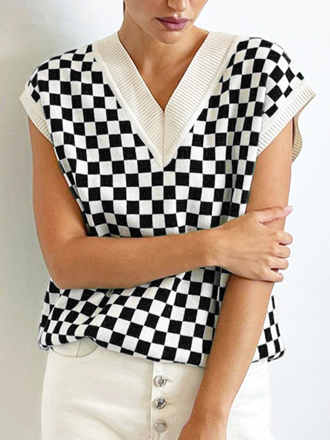 Full Size Checkered V-Neck Cap Sleeve Sweater