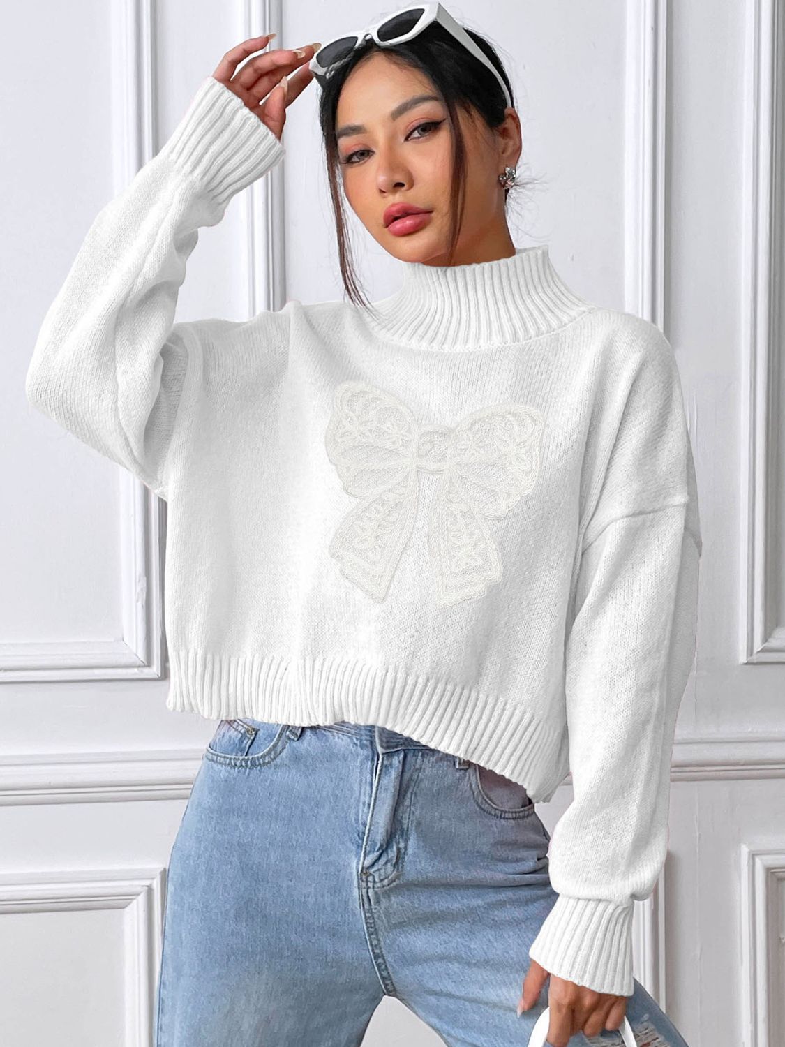 Bow Turtleneck Long Sleeve Sweater - Siennasass