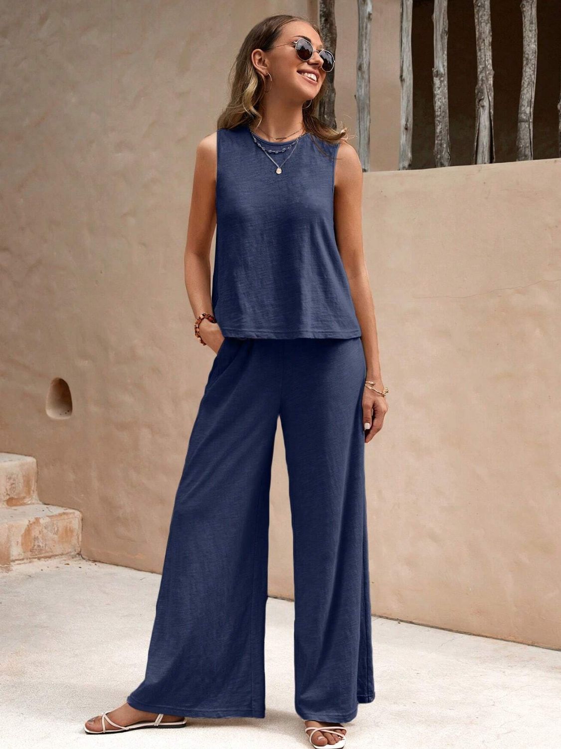 Round Neck Sleeveless Top and Wide Leg Pants Set - Siennasass