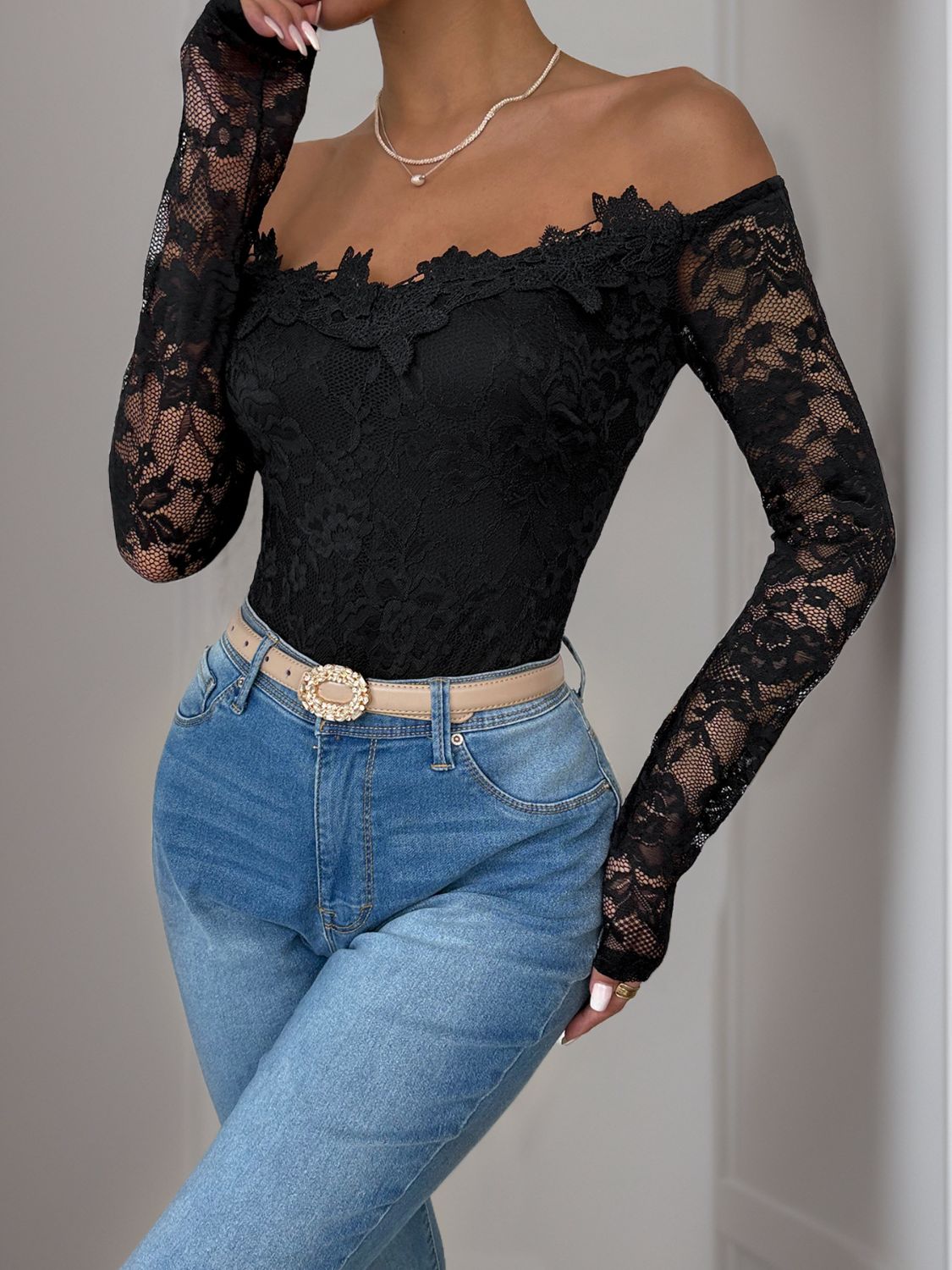 Perfee Lace Off-Shoulder Long Sleeve Bodysuit