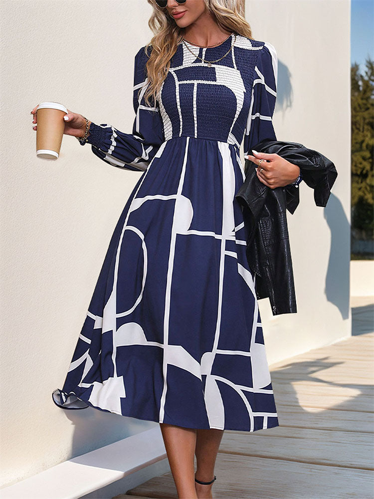 Smocked Color Block Long Sleeve Midi Dress - Siennasass