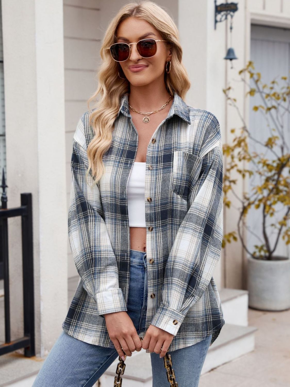 Plaid Collared Neck Long Sleeve Shirt