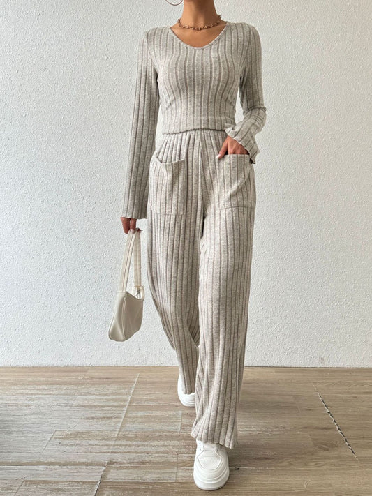 Ribbed V-Neck Long Sleeve Top and Pocketed Pants Set - Siennasass