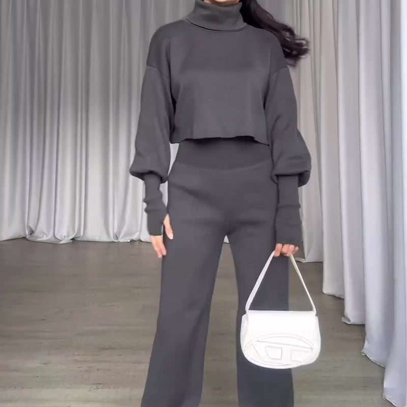 Fashion Suit Gray Turtleneck Long-sleeved Top And High-waisted Trousers