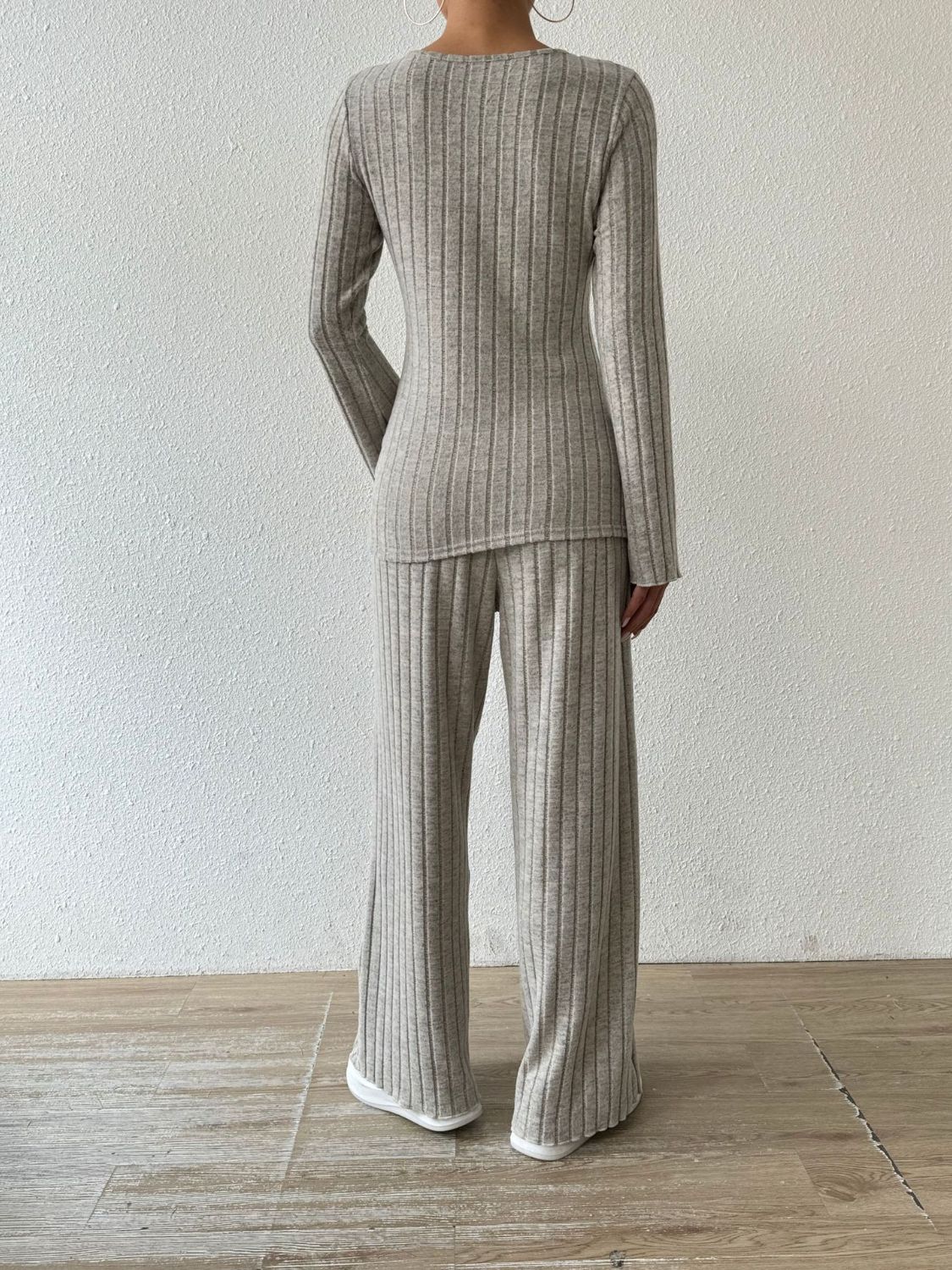 Ribbed V-Neck Long Sleeve Top and Pocketed Pants Set - Siennasass