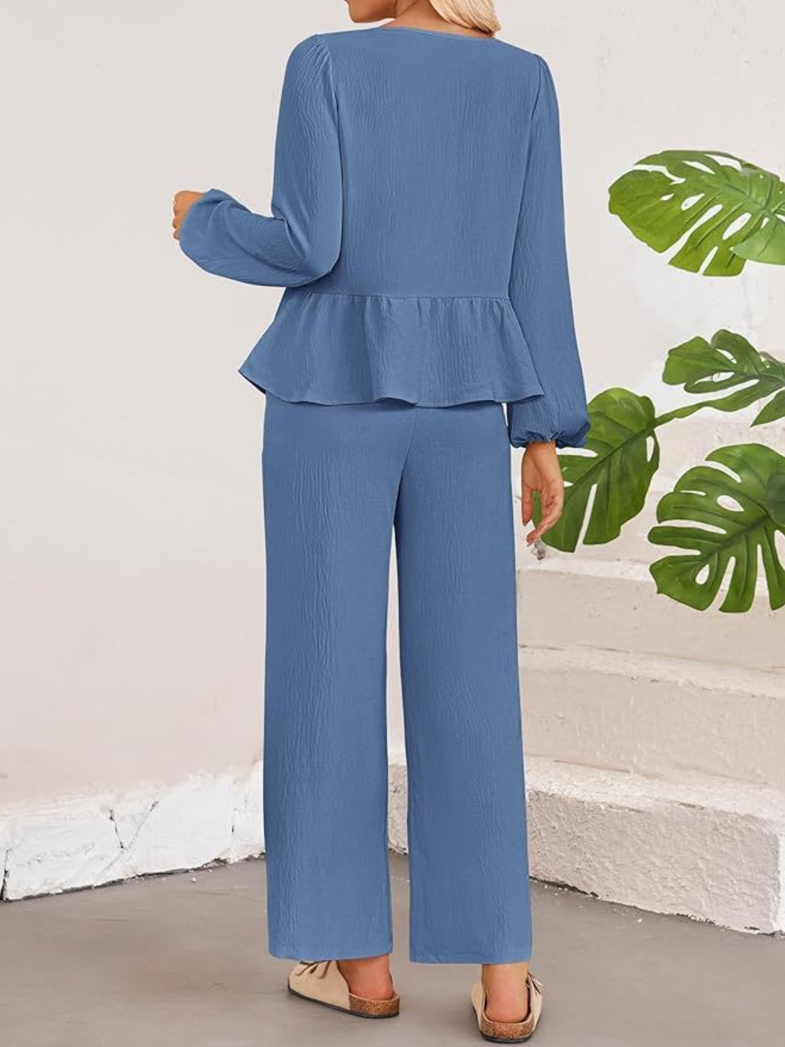 Tie Neck Balloon Sleeve Top and Pants Set - Siennasass