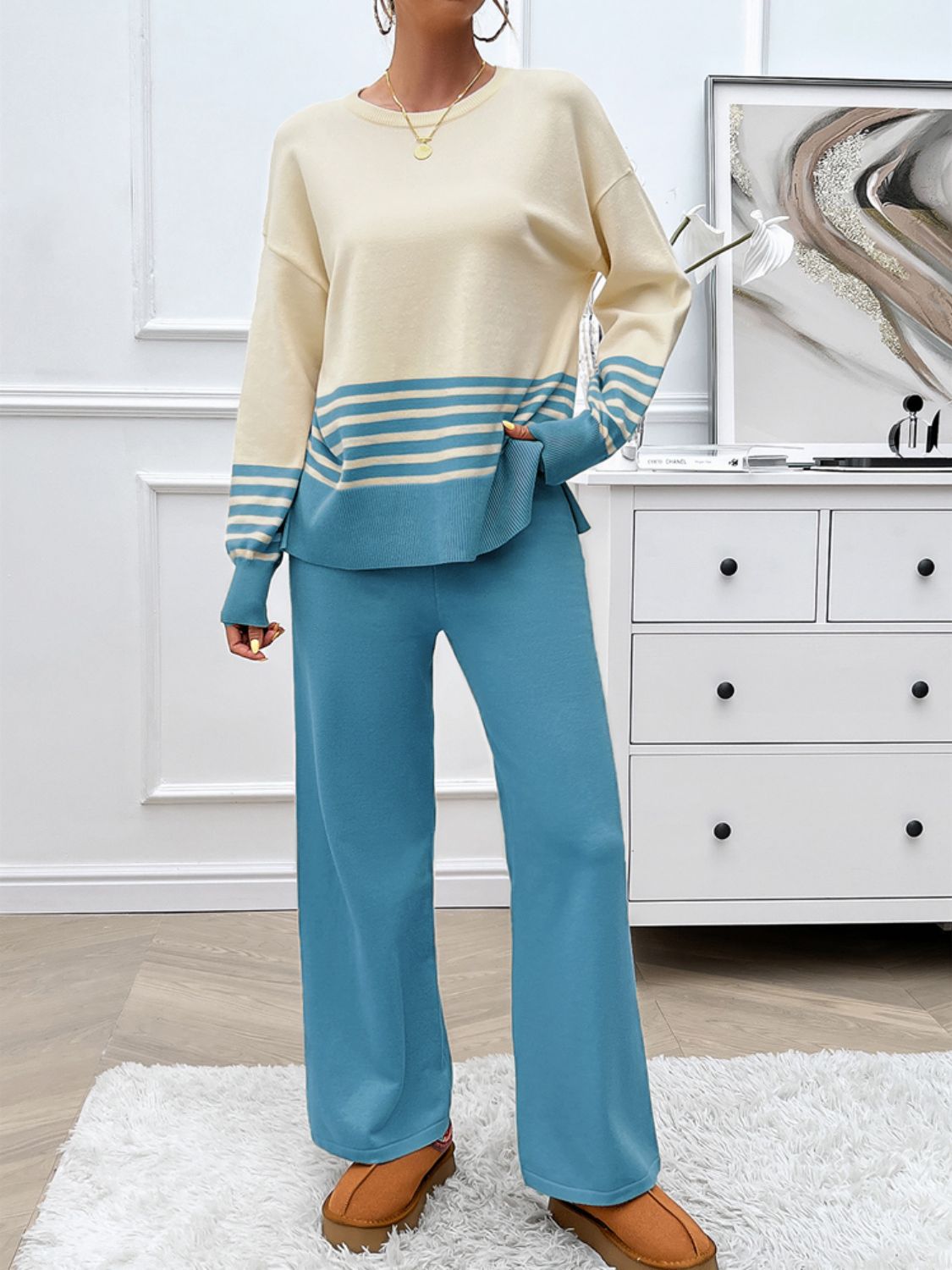 Devine Slit Striped Round Neck Top and Pants Sweater Set - Siennasass