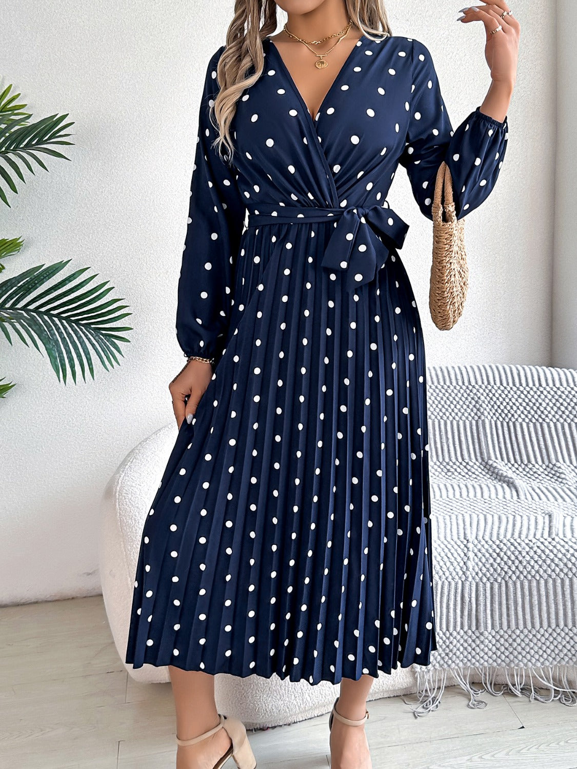 Tied Polka Dot Long Sleeve Midi Dress - Siennasass