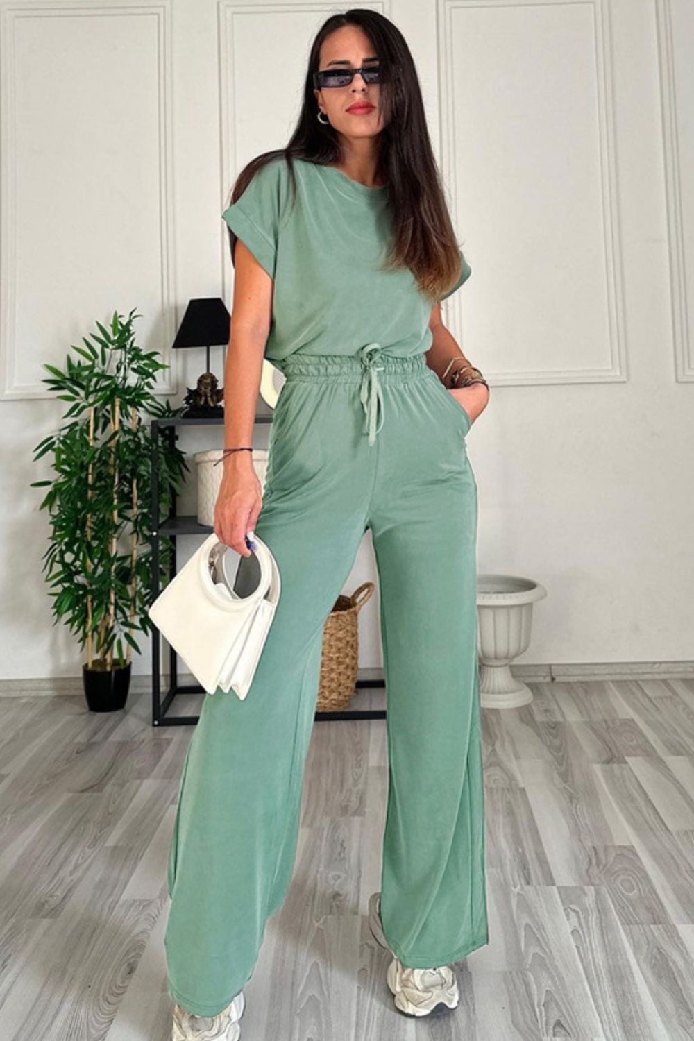 Round Neck Short Sleeve Top and Drawstring Pants Set - Siennasass