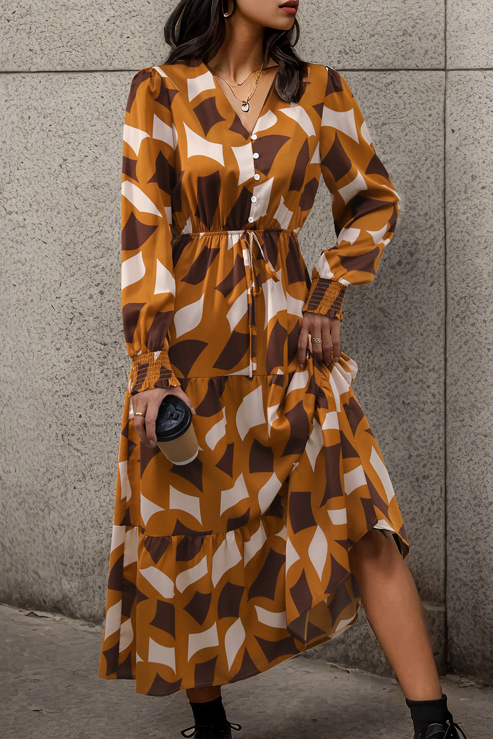 Perfee Printed Tied Pocketed Lantern Sleeve Dress