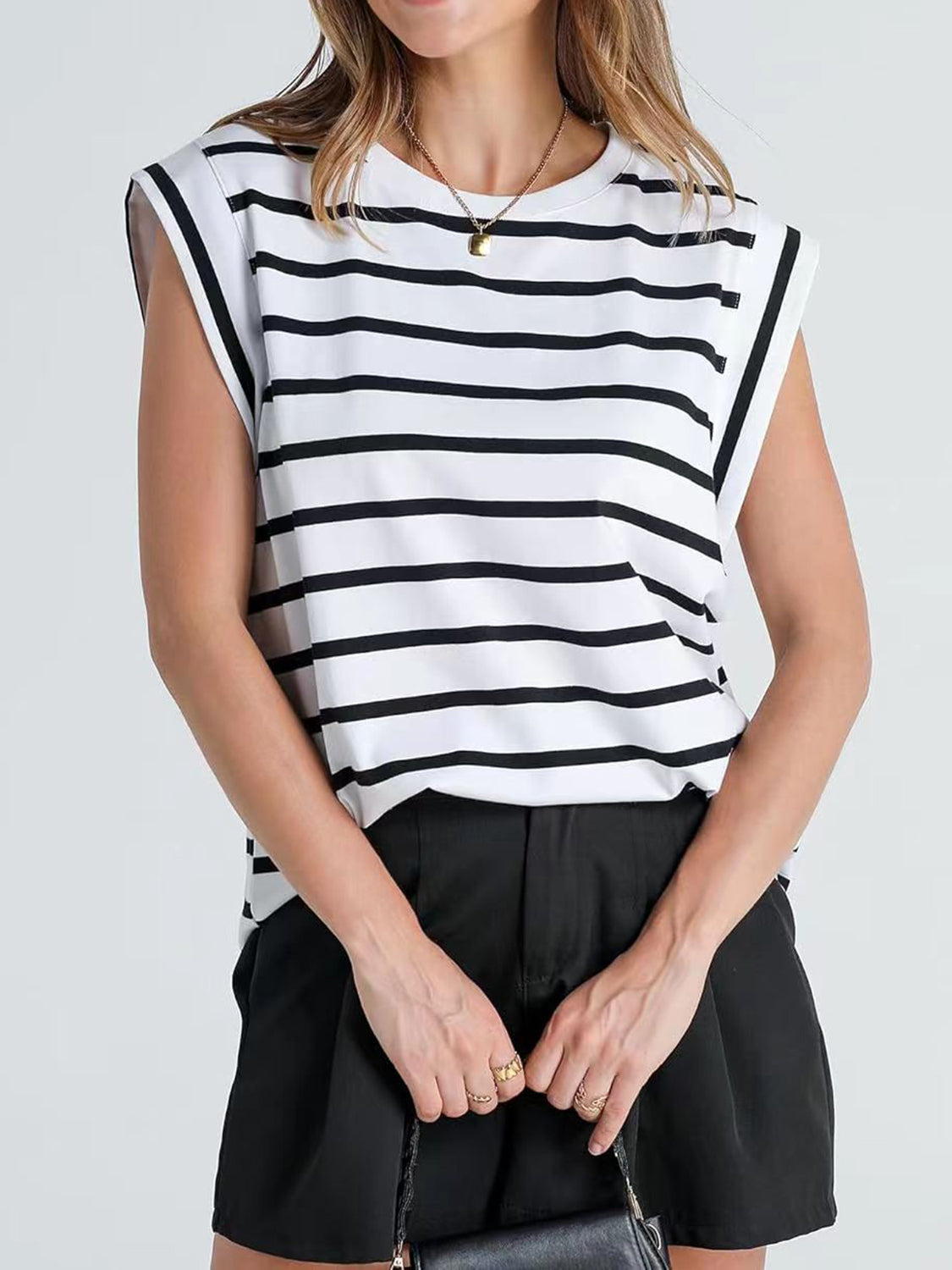 Striped Round Neck Cap Sleeve T-Shirt - Siennasass