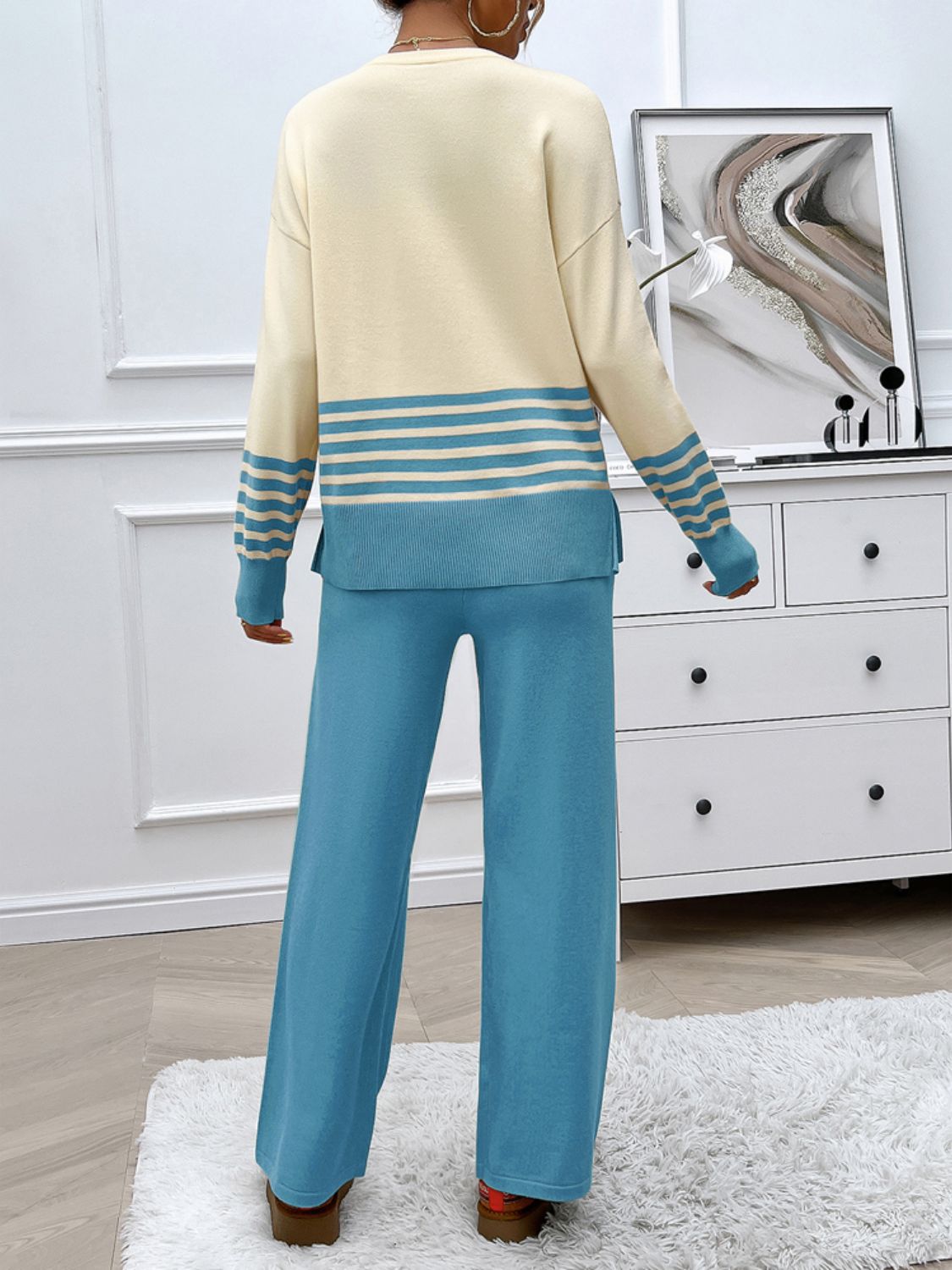 Devine Slit Striped Round Neck Top and Pants Sweater Set - Siennasass