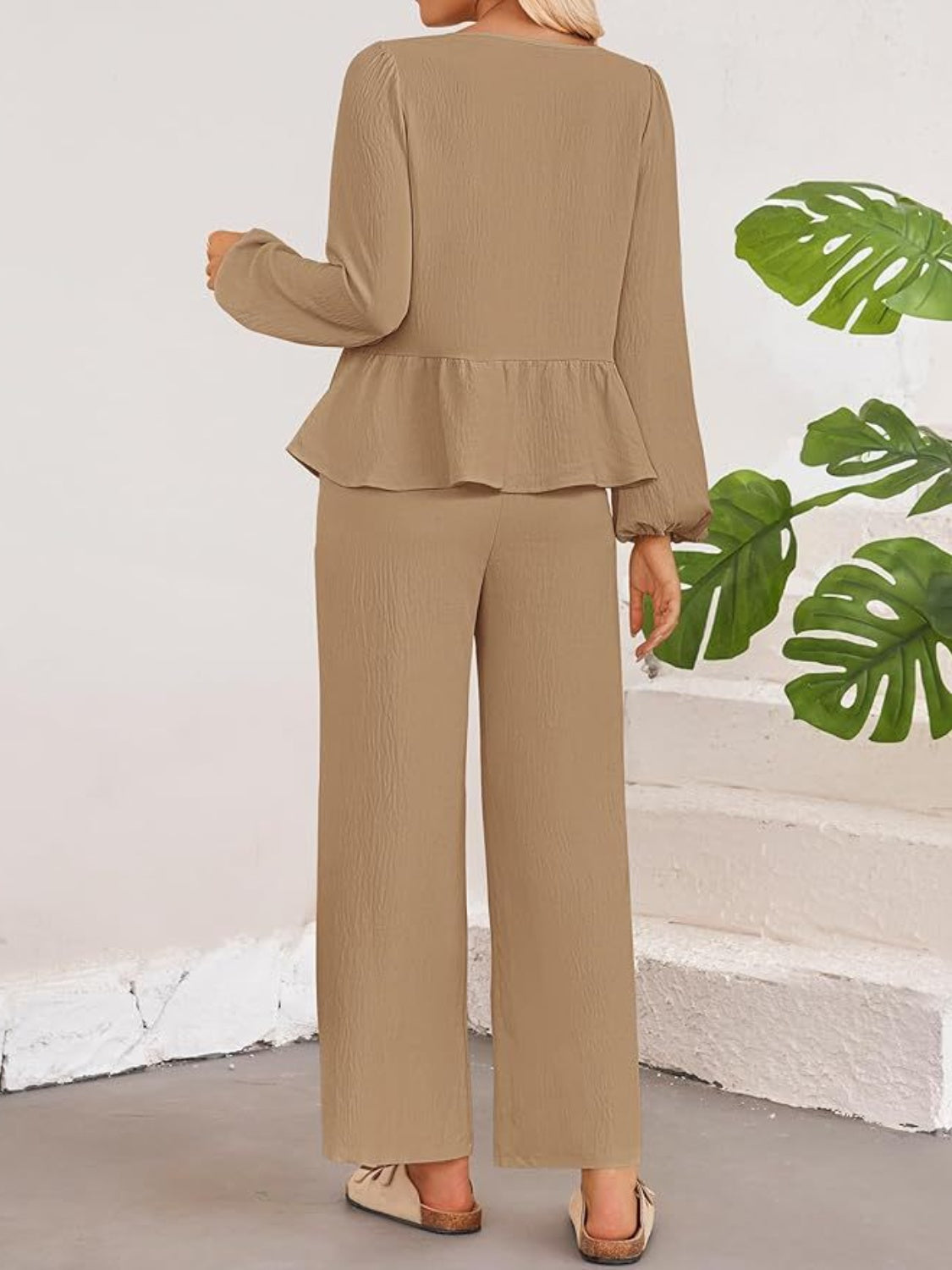 Tie Neck Balloon Sleeve Top and Pants Set - Siennasass