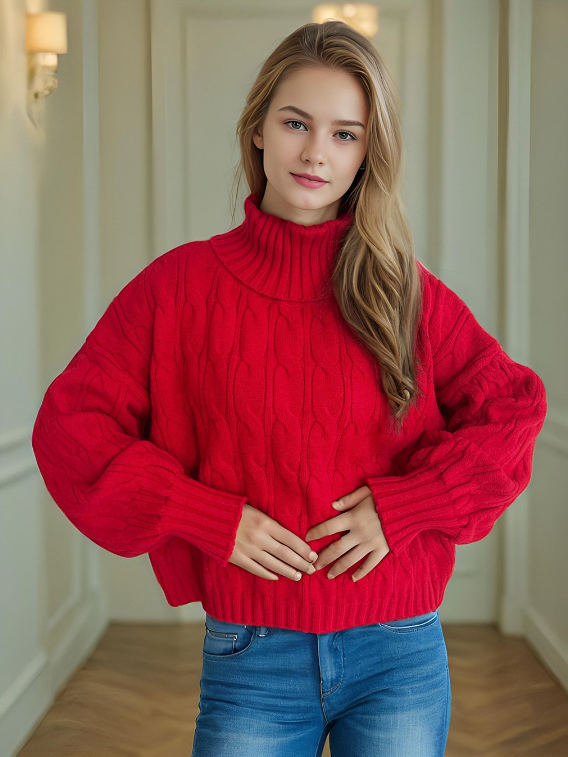 Cable-Knit Turtleneck Long Sleeve Sweater - Siennasass