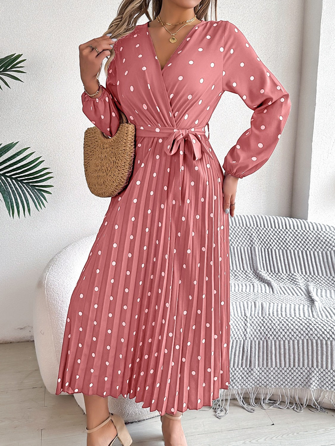 Tied Polka Dot Long Sleeve Midi Dress - Siennasass