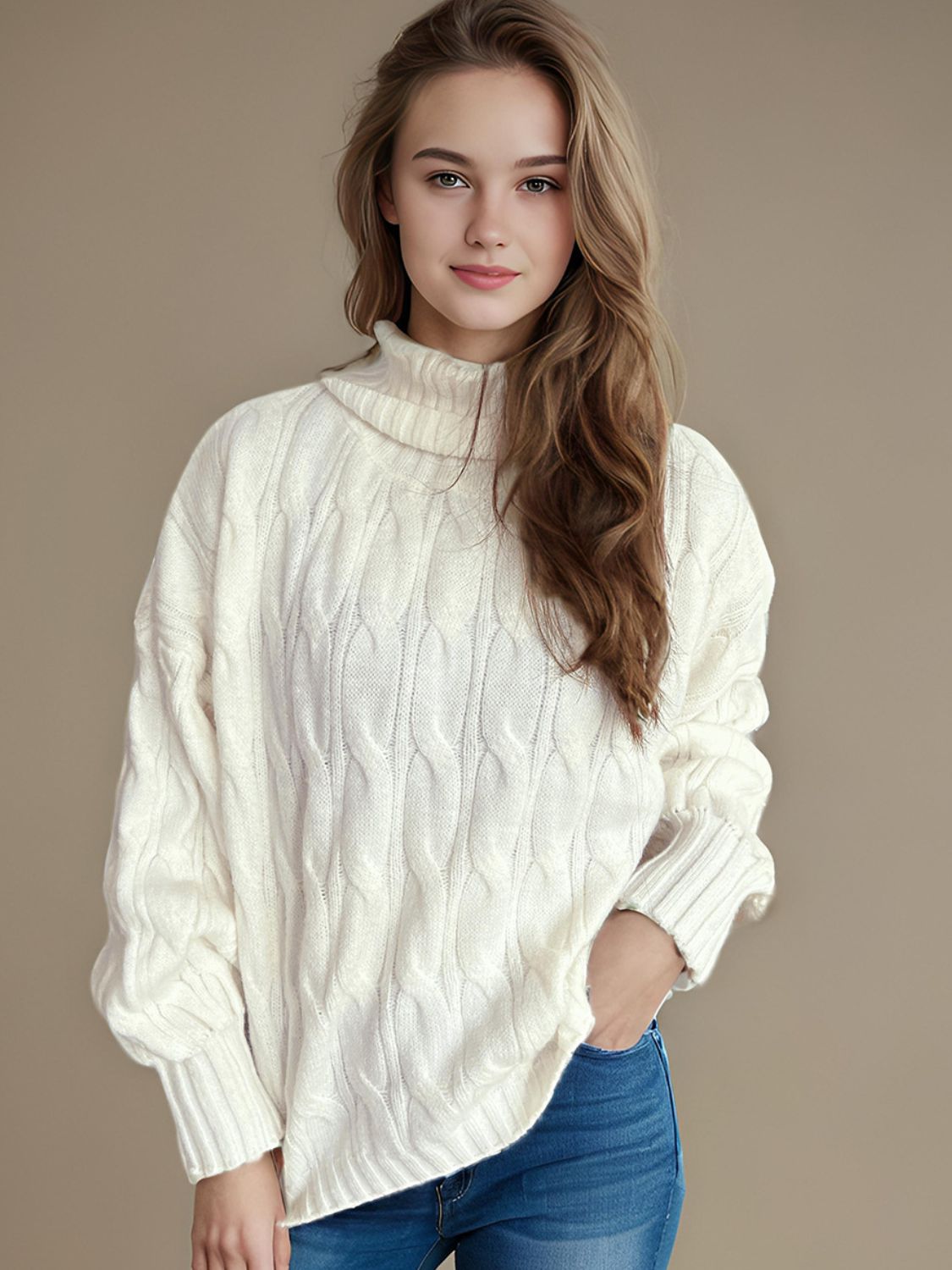 Cable-Knit Turtleneck Long Sleeve Sweater - Siennasass