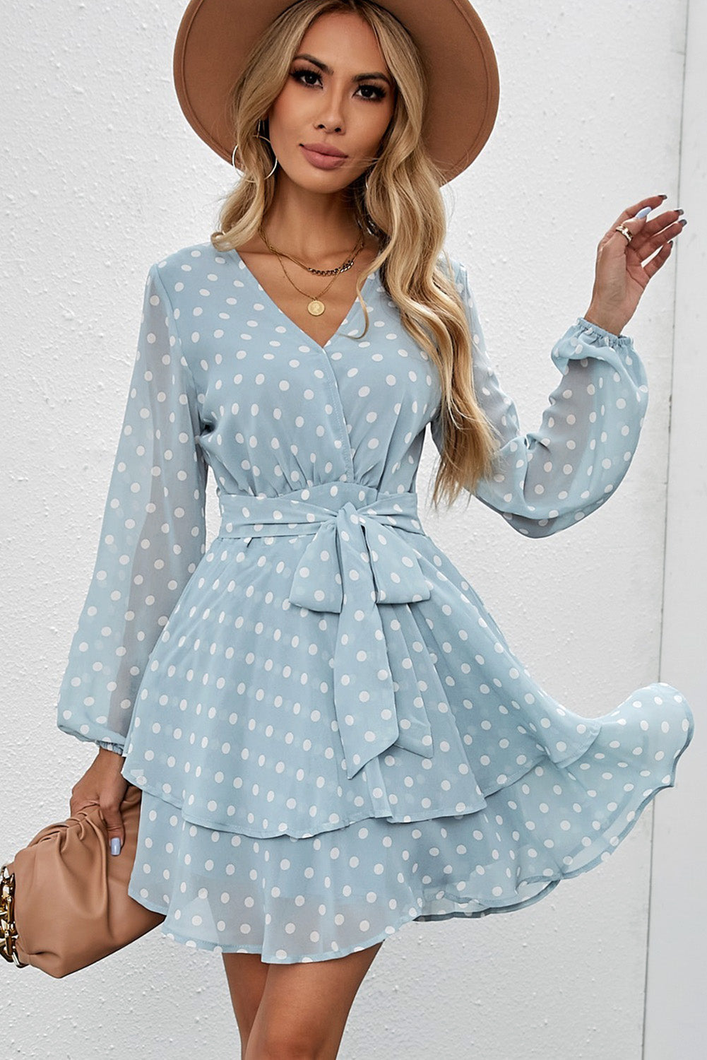 Tied Layered Polka Dot Balloon Sleeve Dress - Siennasass