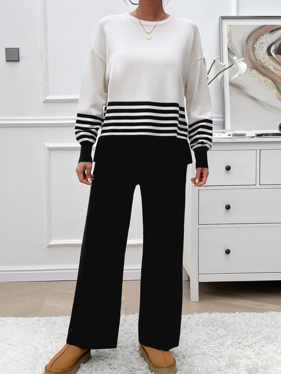 Devine Slit Striped Round Neck Top and Pants Sweater Set - Siennasass