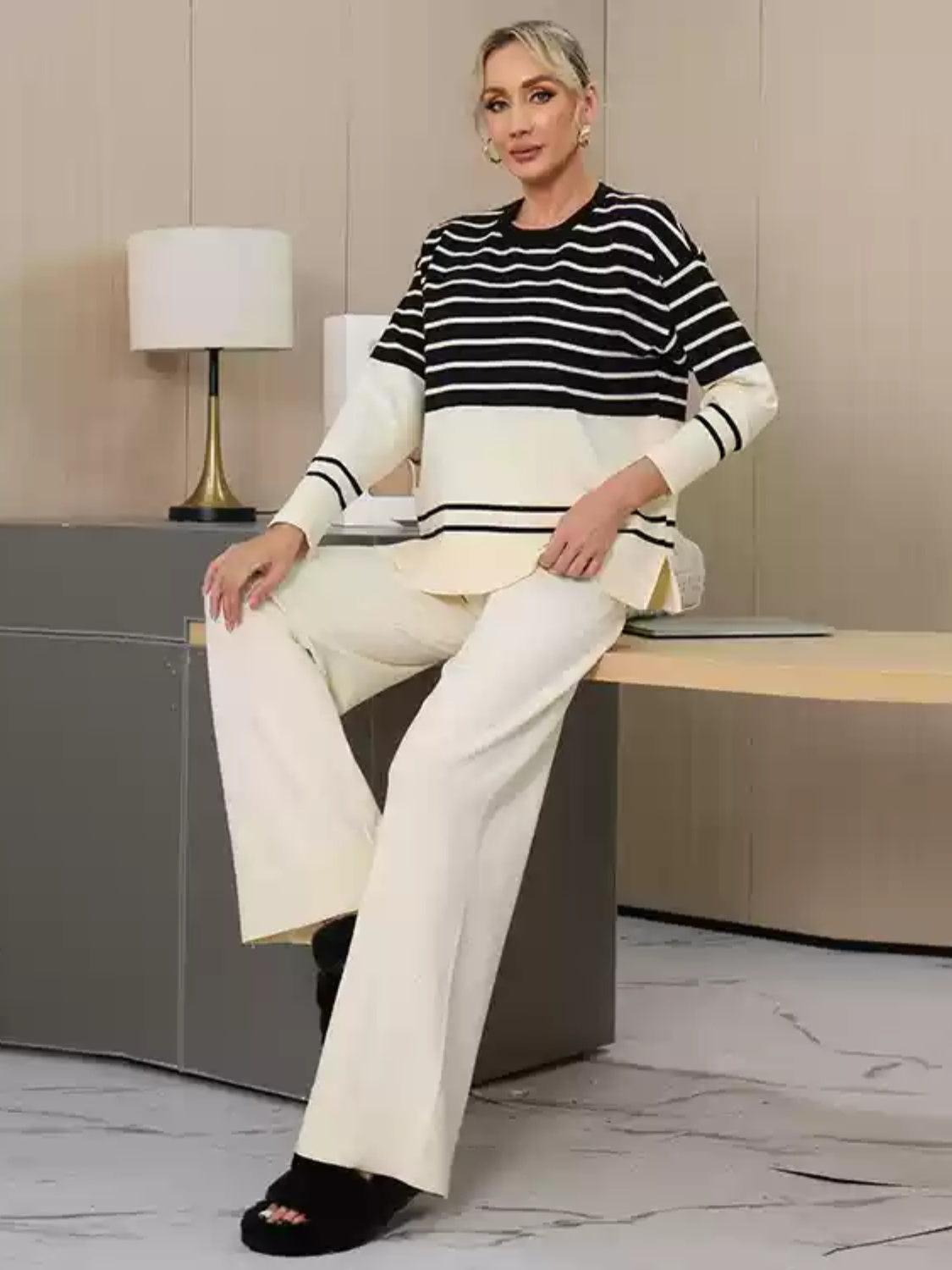 Basic Bae Striped Round Neck Long Sleeve Top and Pants Sweater Set