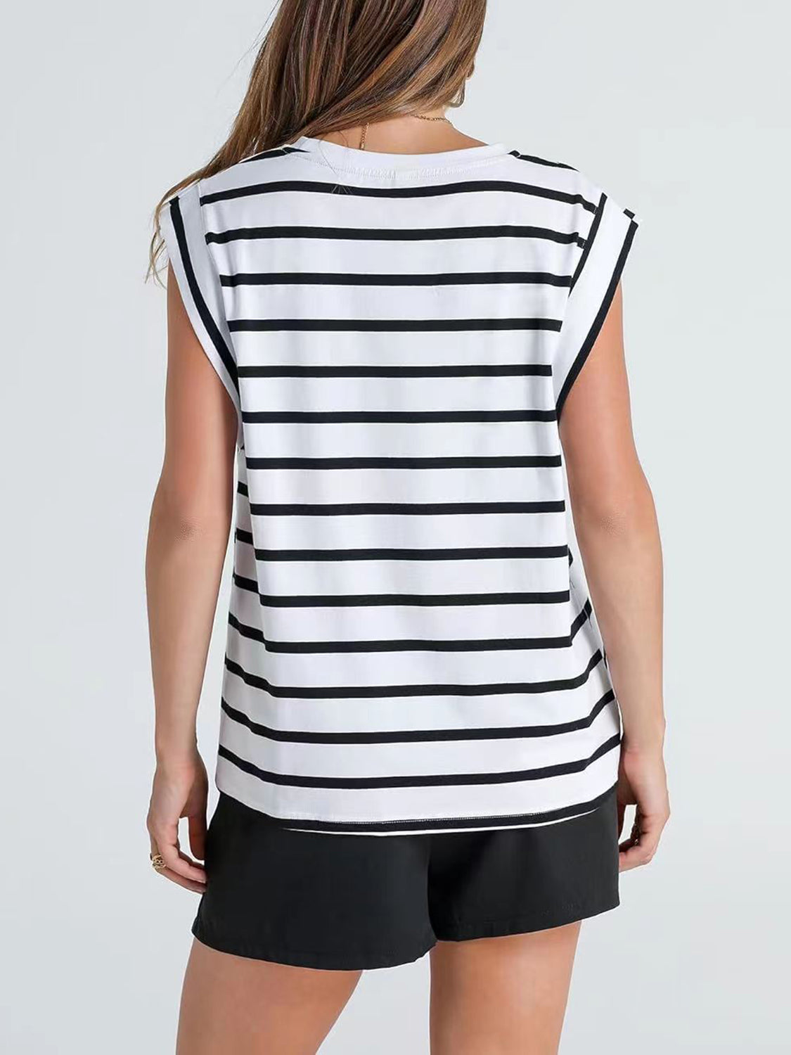 Striped Round Neck Cap Sleeve T-Shirt - Siennasass