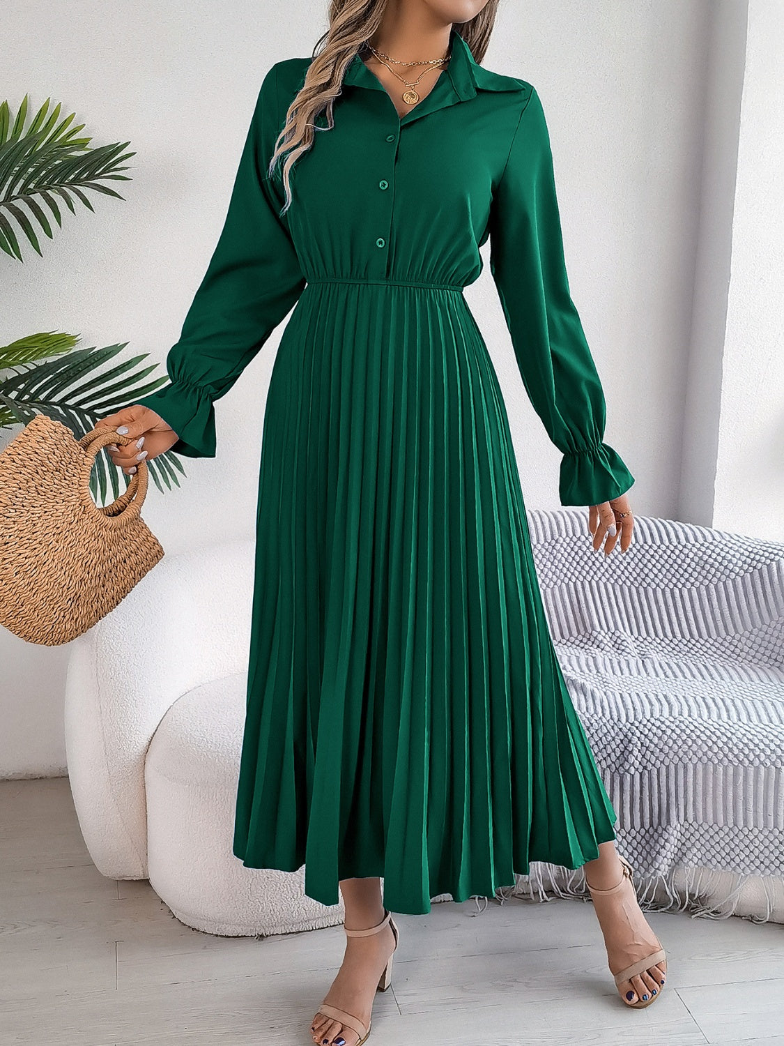 Pleated Half Button Long Sleeve Midi Dress - Siennasass