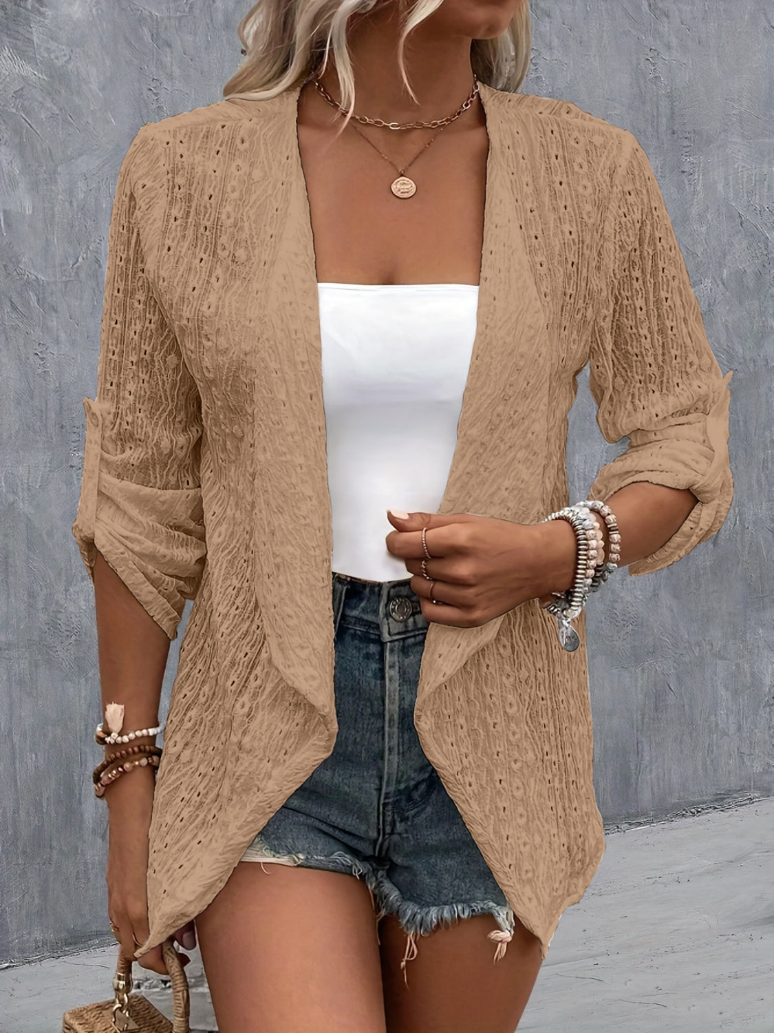 Eyelet Roll-Tab Sleeve Cardigan - Siennasass