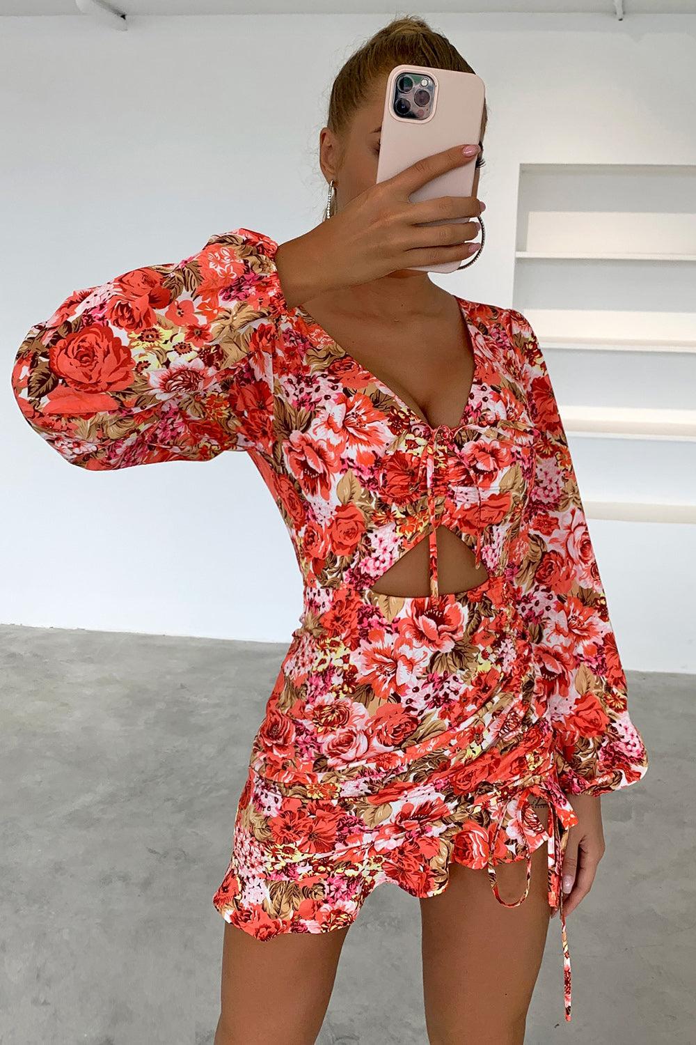 Floral Cutout Long Sleeve Mini Dress