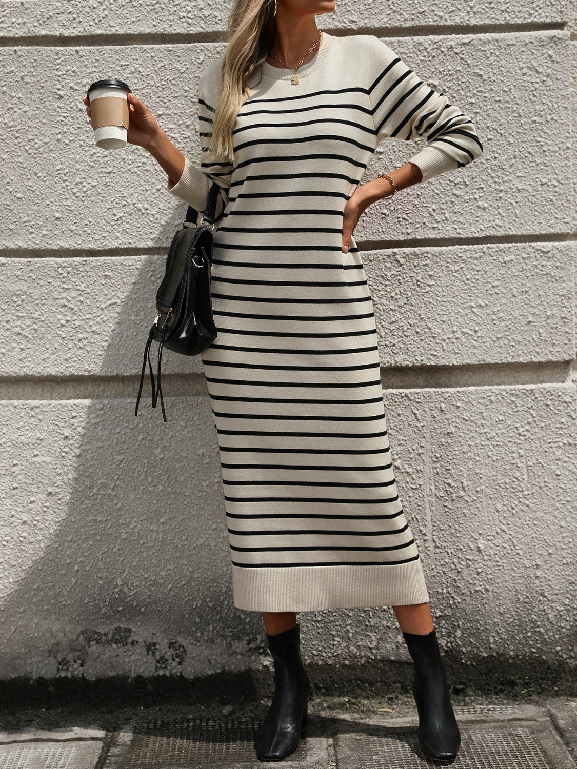 Striped Round Neck Long Sleeve Dress - Siennasass