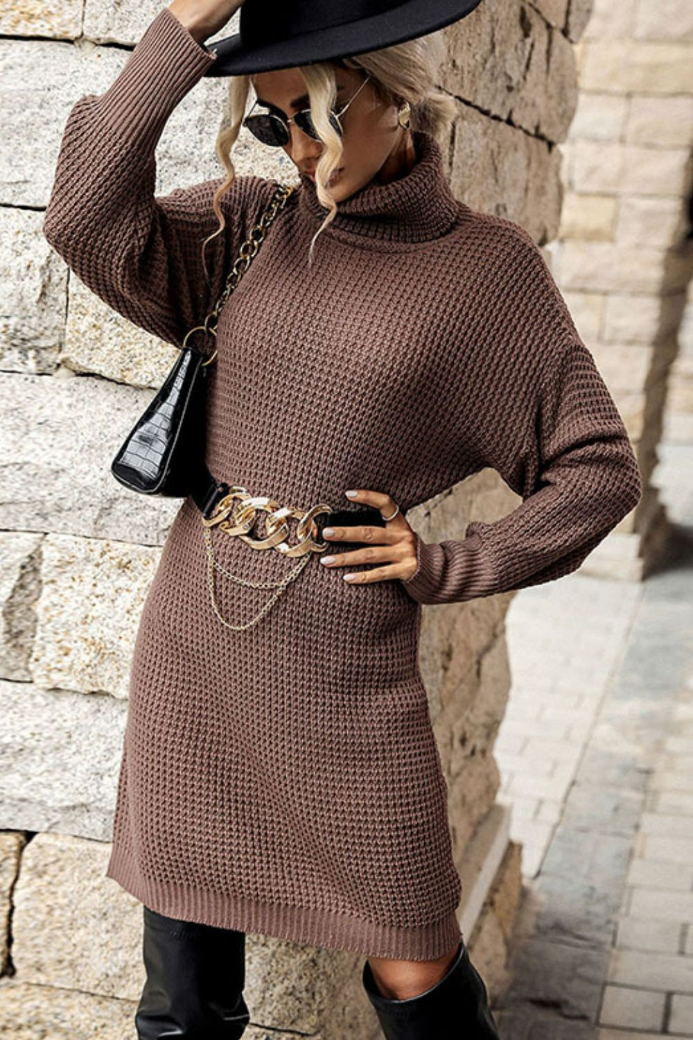 Turtleneck Dropped Shoulder Mini Sweater Dress - Siennasass