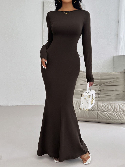 Backless Round Neck Long Sleeve Maxi Dress