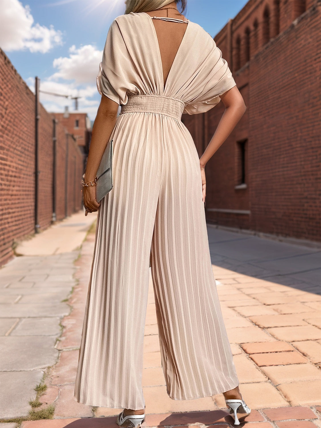 Pleated Short Sleeve Wide Leg Jumpsuit - Siennasass