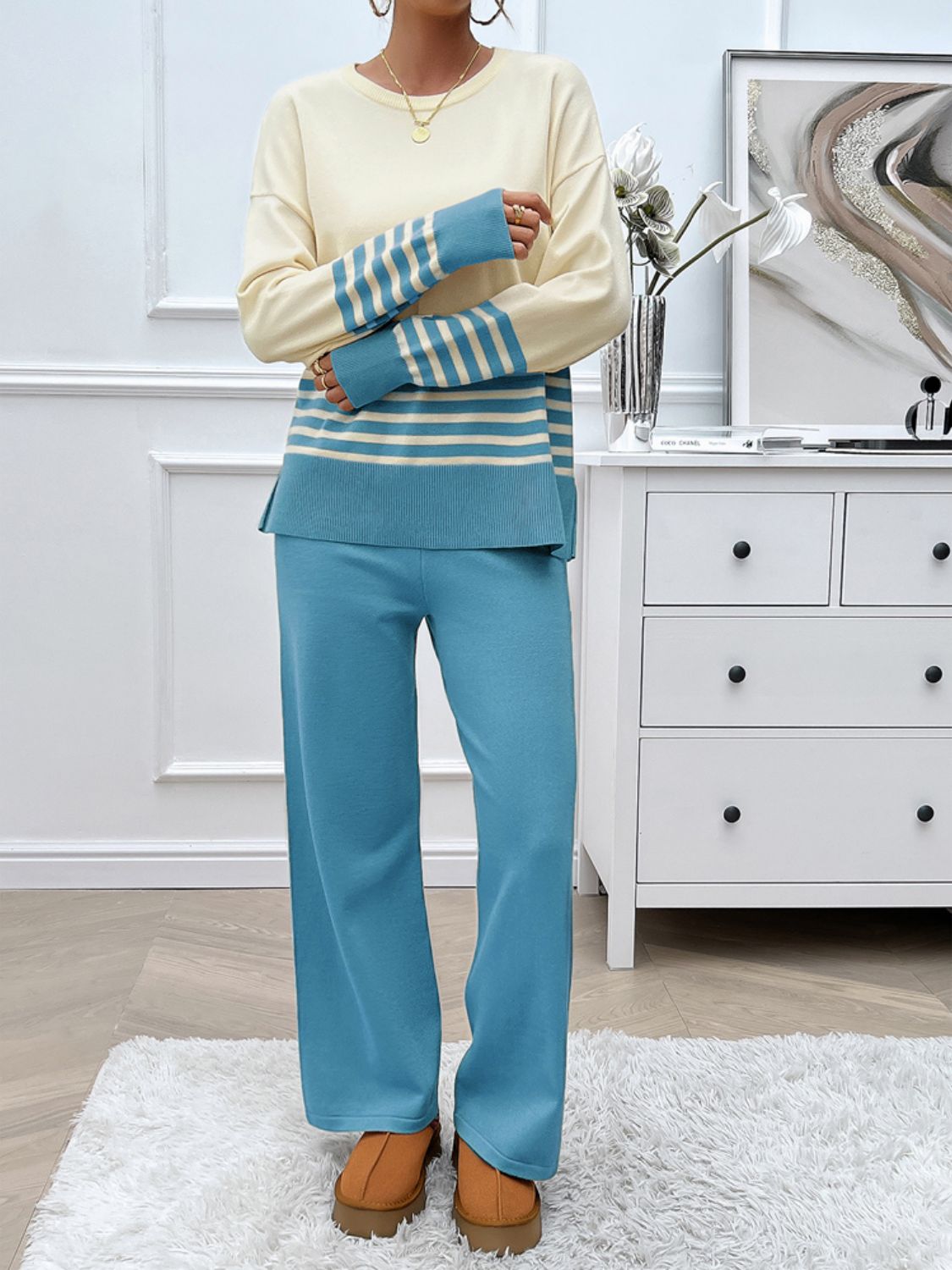 Devine Slit Striped Round Neck Top and Pants Sweater Set - Siennasass