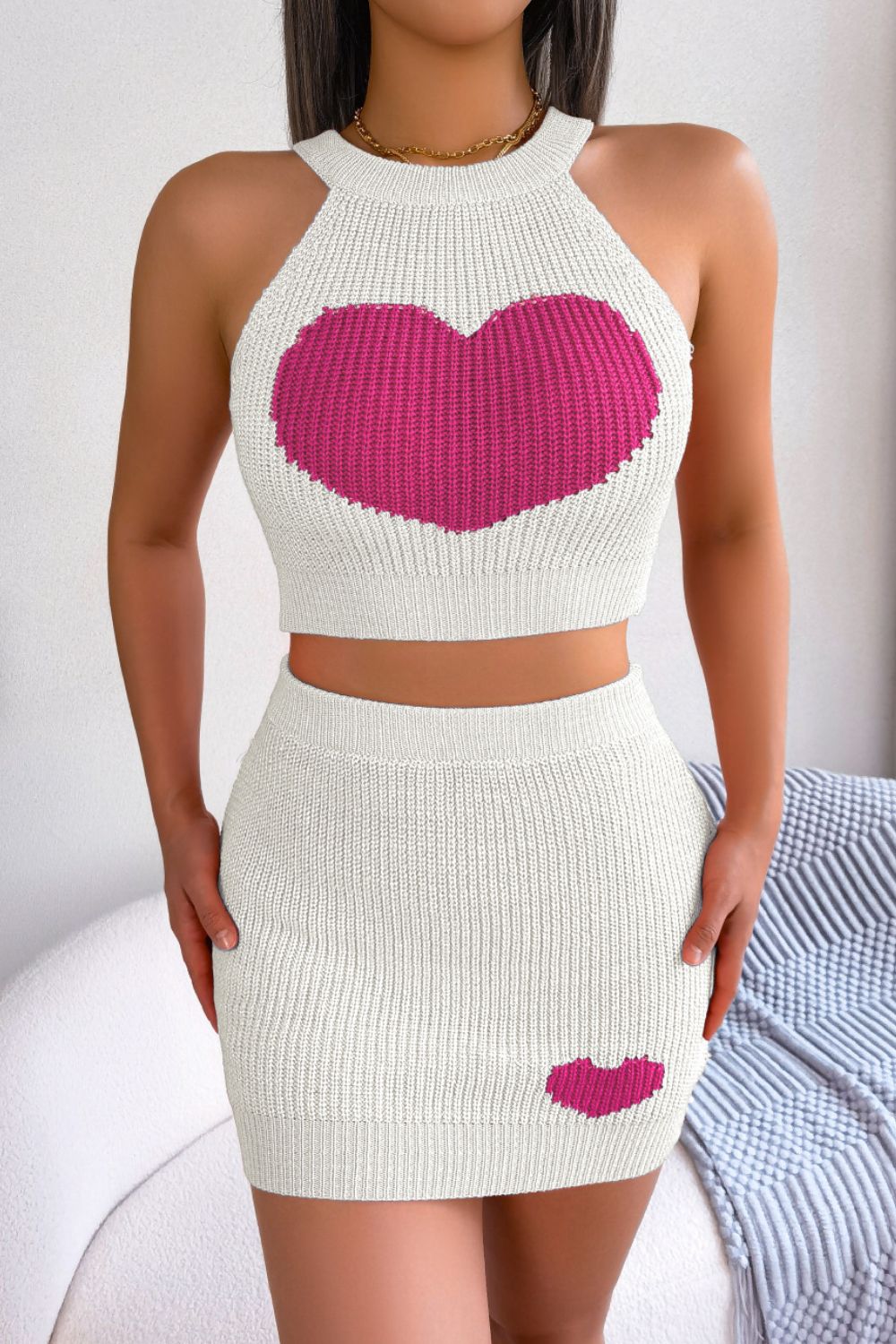 Heart Contrast Ribbed Sleeveless Knit Top and Skirt Set - Siennasass