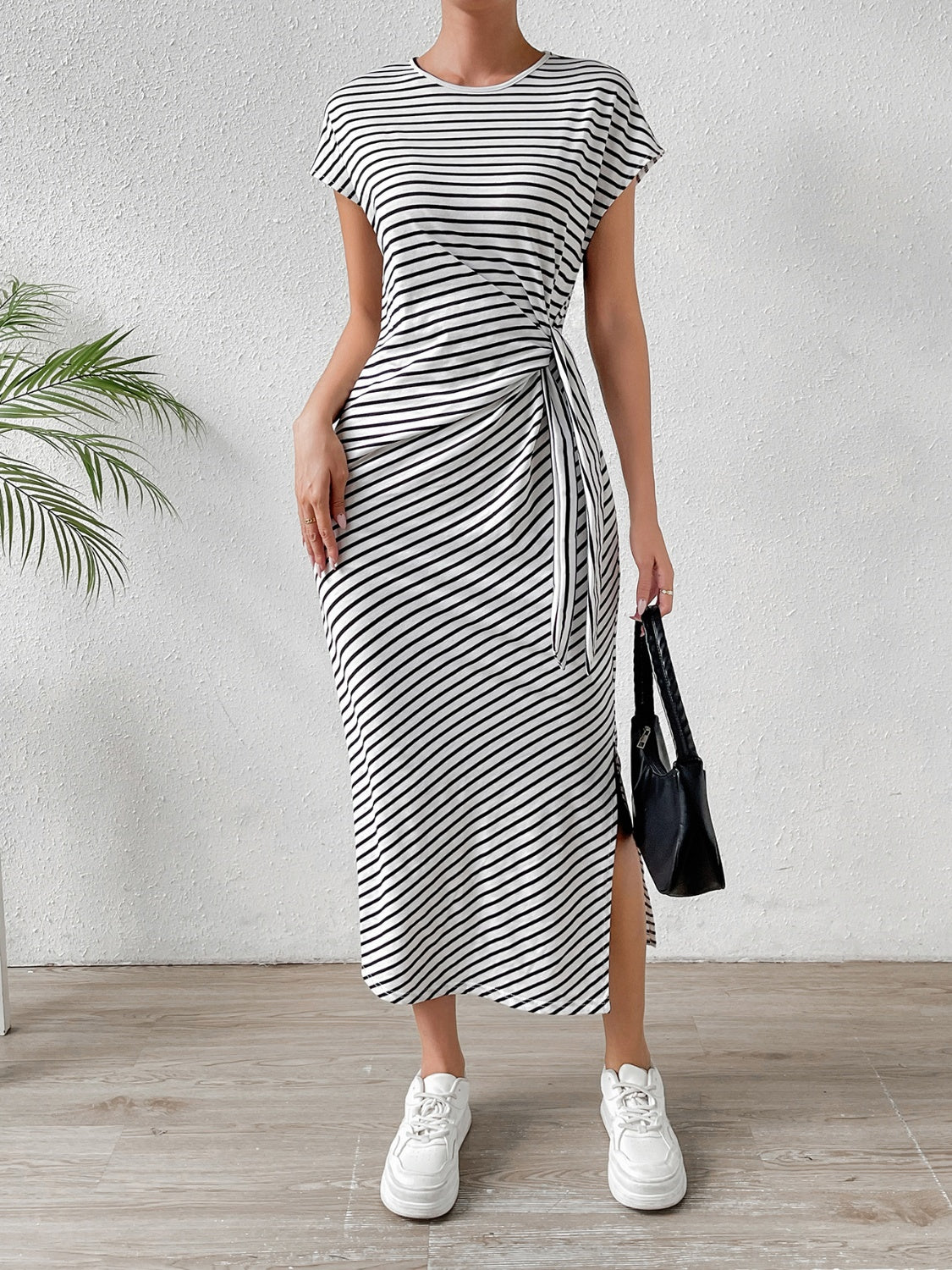 Tied Striped Round Neck Short Sleeve Tee Dress - Siennasass