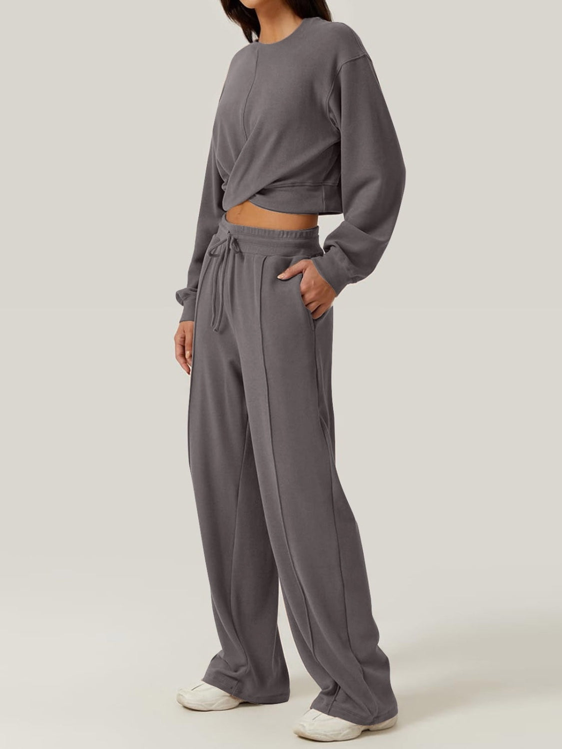 Crisscross Round Neck Top and Drawstring Pants Set - Siennasass