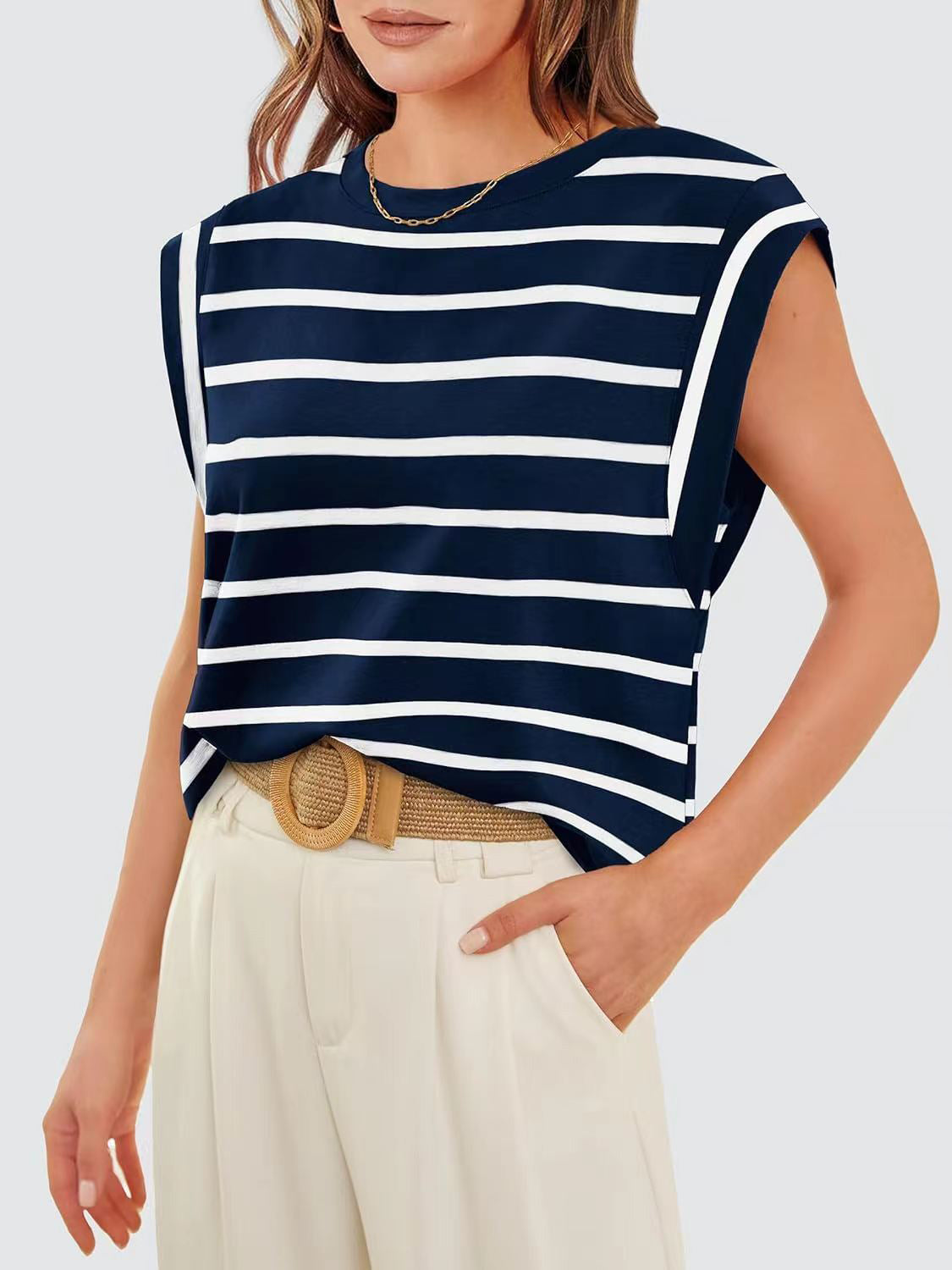 Striped Round Neck Cap Sleeve T-Shirt - Siennasass