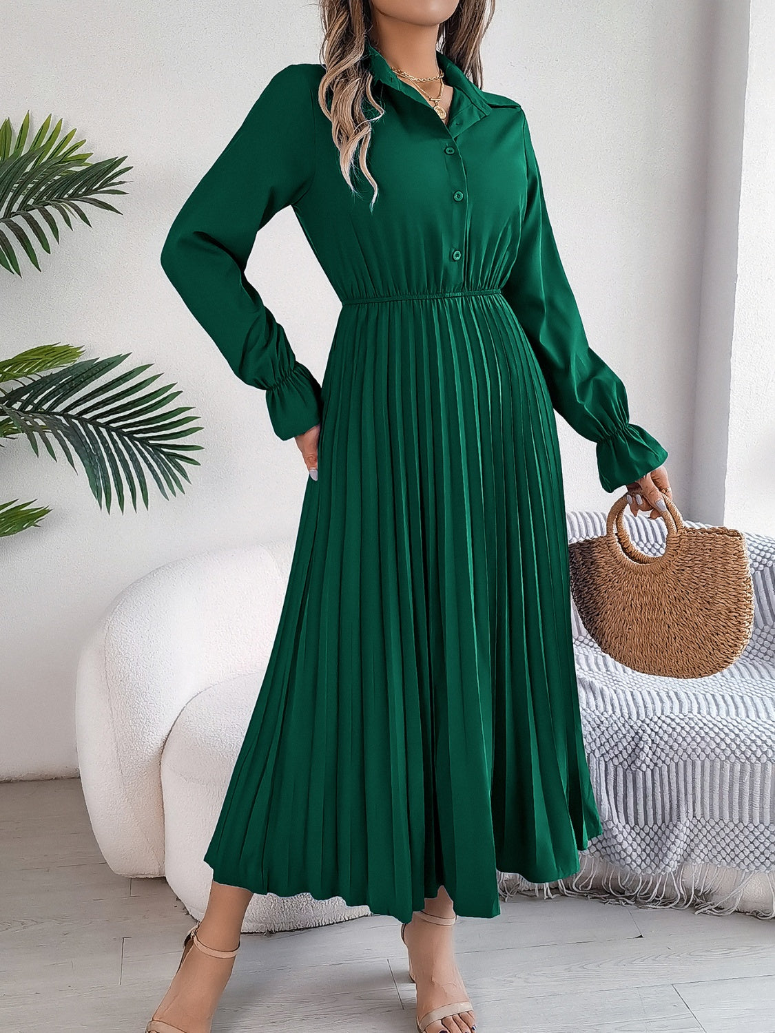 Pleated Half Button Long Sleeve Midi Dress - Siennasass