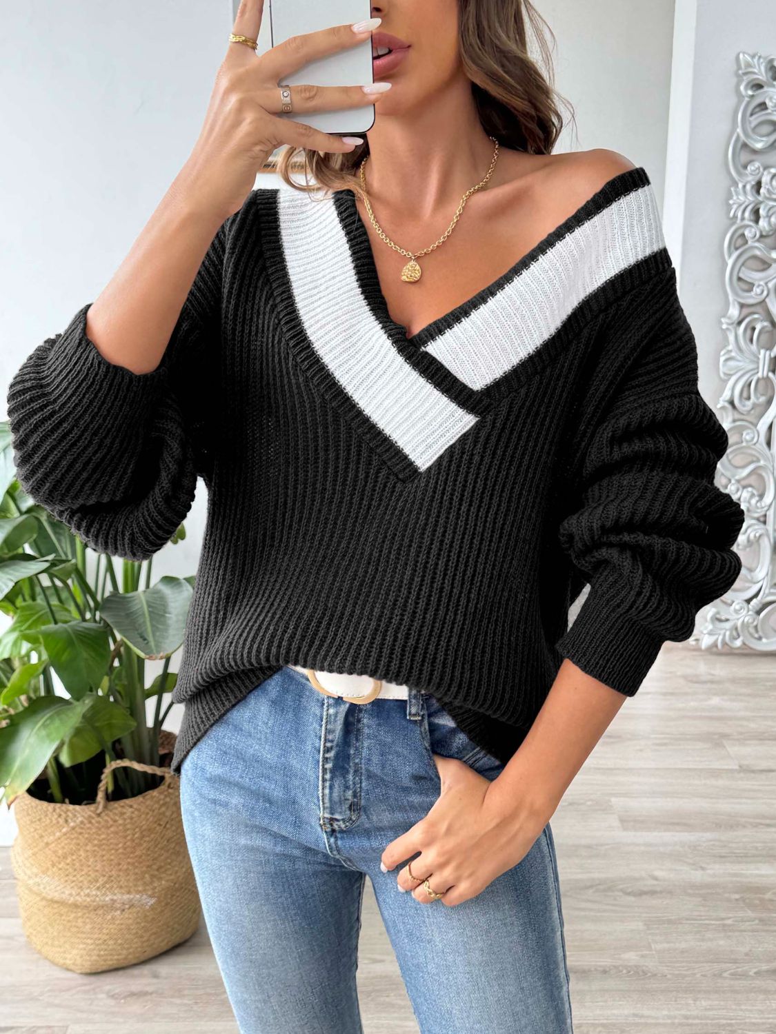 Contrast Dropped Shoulder Long Sleeve Sweater - Siennasass