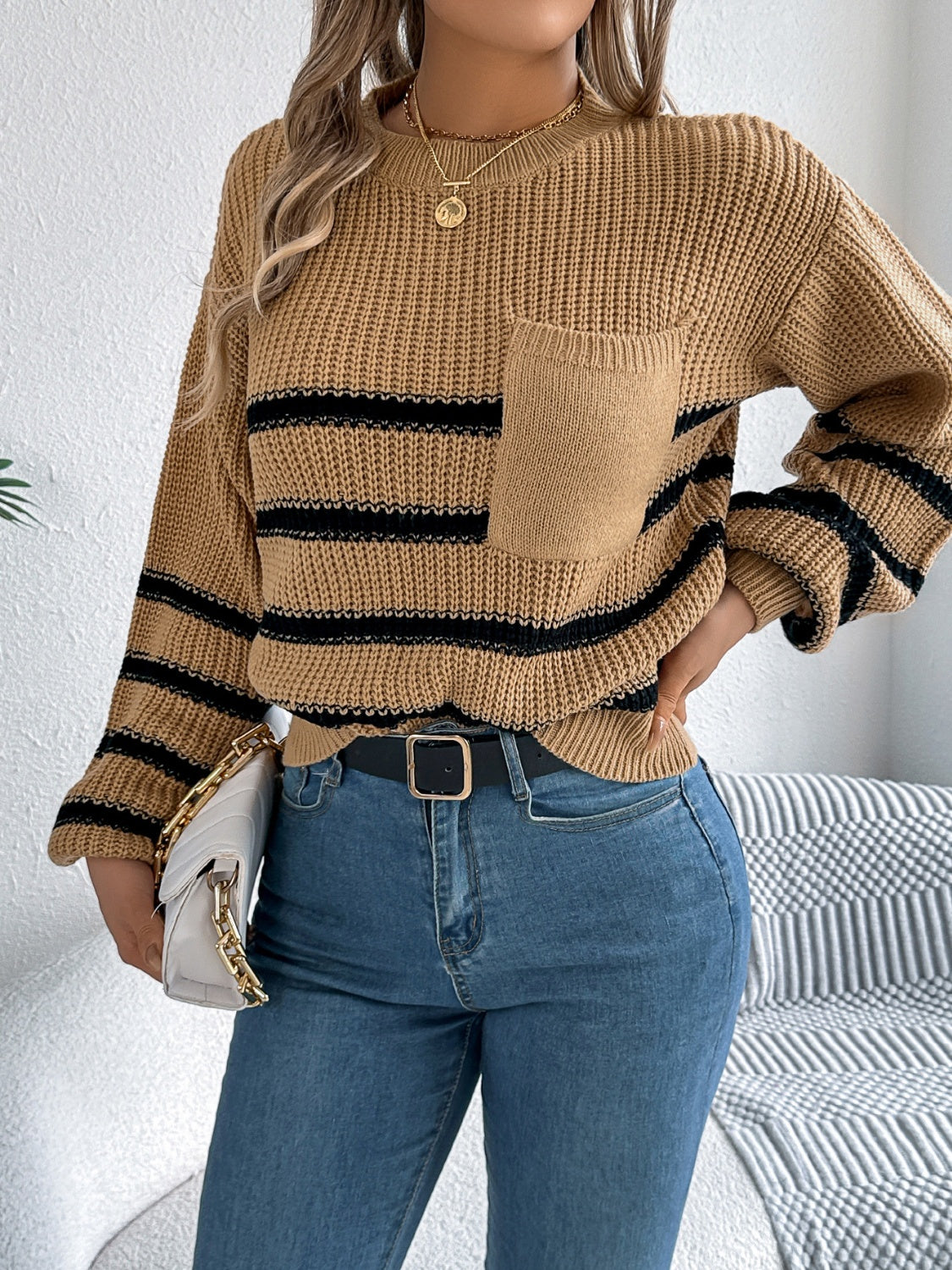 Striped Round Neck Long Sleeve Sweater - Siennasass