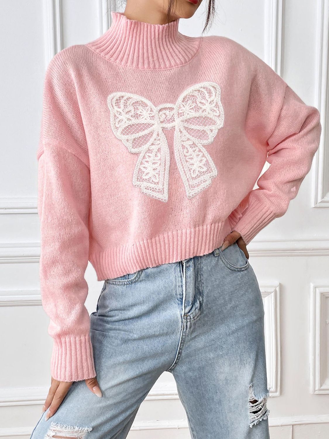 Bow Turtleneck Long Sleeve Sweater - Siennasass