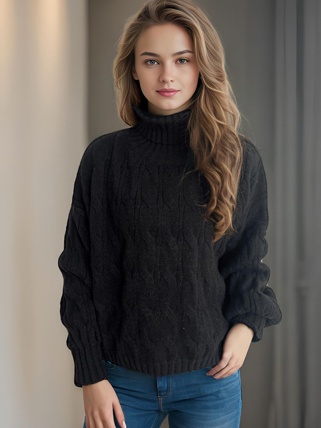 Cable-Knit Turtleneck Long Sleeve Sweater - Siennasass