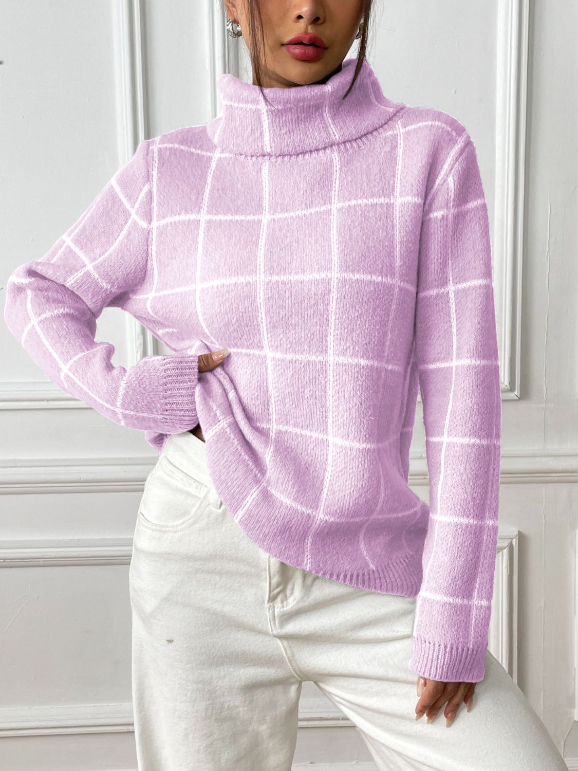 Plaid Turtleneck Long Sleeve Sweater - Siennasass