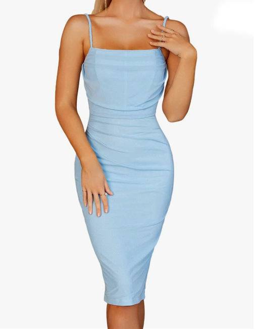 Mesh Fishbone Pleated Backless Sling Dress